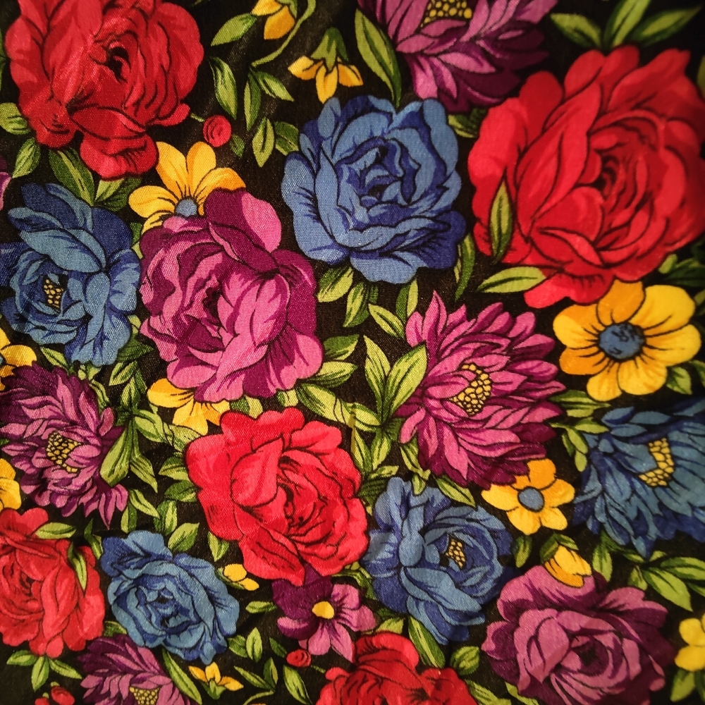Rose Floral Baroque Square Silk Scarf with Gold Motif Border, 30"x31" - Picture 3 of 11